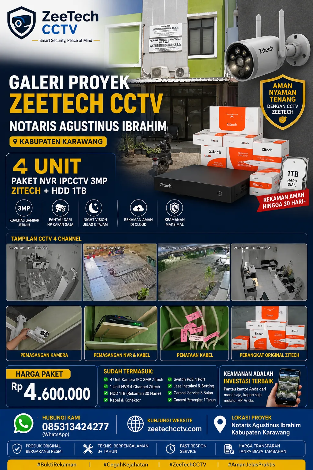 Teknisi ZeeTech CCTV memasang kamera di Notaris Agustinus Ibrahim Karawang